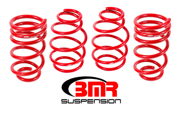 Set of four red BMR Suspension V8 Camaro 5th Gen lowering springs showing coil design and vibrant red color for improved ride stance.