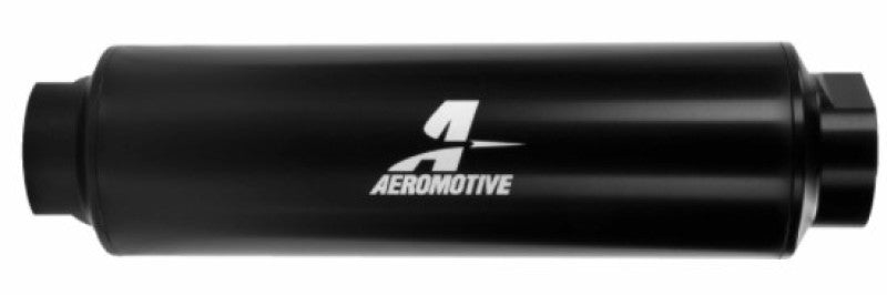 Aeromotive AN-16 inline fuel filter with 10 micron microglass element, designed for extreme flow and filtration.