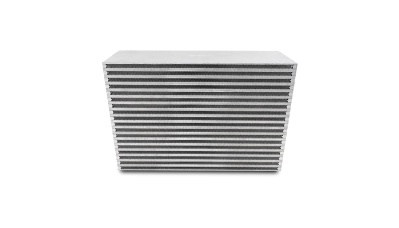 Vibrant intercooler core measuring 18x12x6 inches with vibrant metal fins and end tanks, designed for high-performance turbocharged engines.