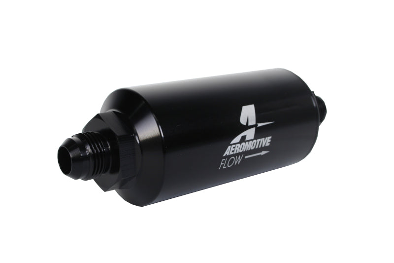 Aeromotive in-line fuel filter with AN -8 male fitting, 40 micron stainless mesh element, bright dip black finish for automotive use.
