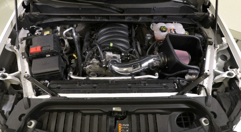 K&N Engineering cold air intake kit for 2019 Chevy Silverado and GMC Sierra 1500 V8 5.3L and 6.2L engines, with air filter and intake tube.
