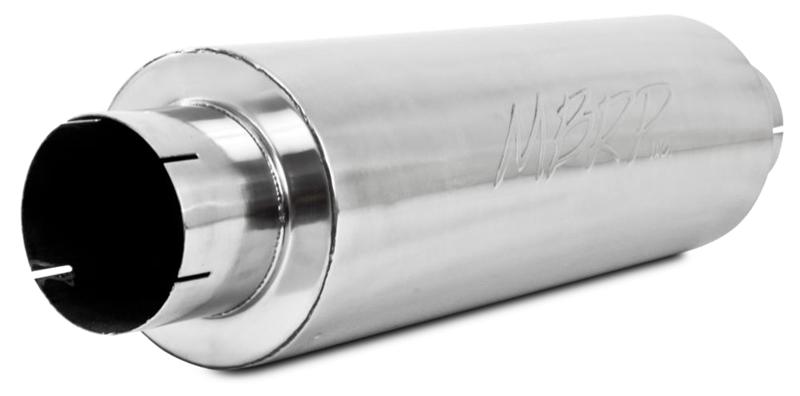 MBRP universal quiet tone muffler with 5-inch inlet and outlet, 8-inch diameter body, 31-inch overall length, black metal finish.