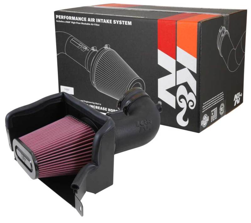 K&N Engineering cold air intake kit for 2014-2015 Chevrolet Corvette 6.2L V8 engine, shown with air filters and intake tubing.