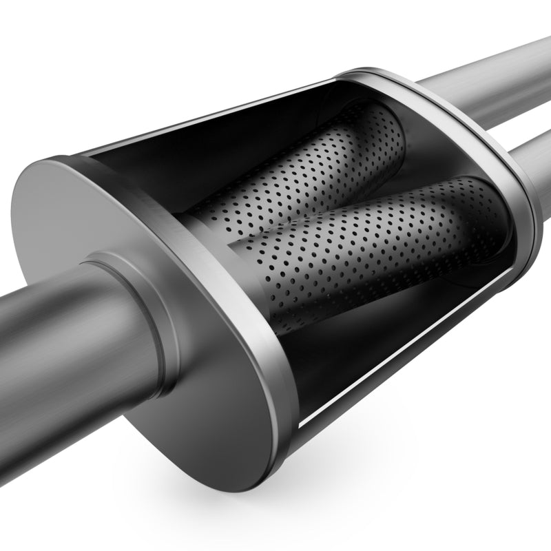 MagnaFlow Mag SS muffler with 22x5x11-inch dimensions and dual chrome tips, designed for car exhaust systems.