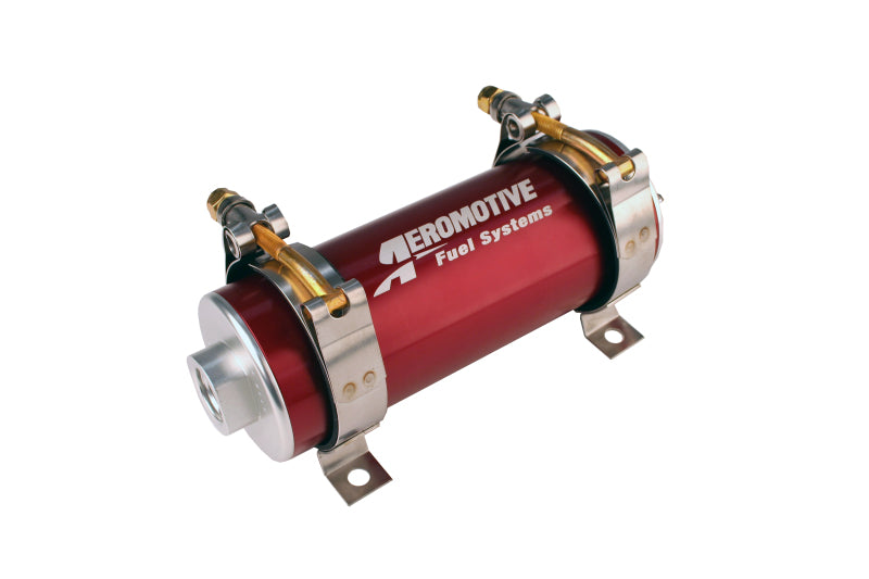 Aeromotive 700 HP EFI fuel pump in red, showing the compact pump with wiring connections and metal casing for high-performance vehicles.