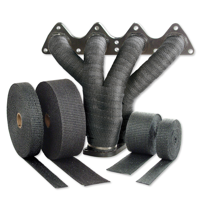 Black DEI Exhaust Wrap 1-inch by 100 feet, heat-resistant material designed for automotive exhaust systems.