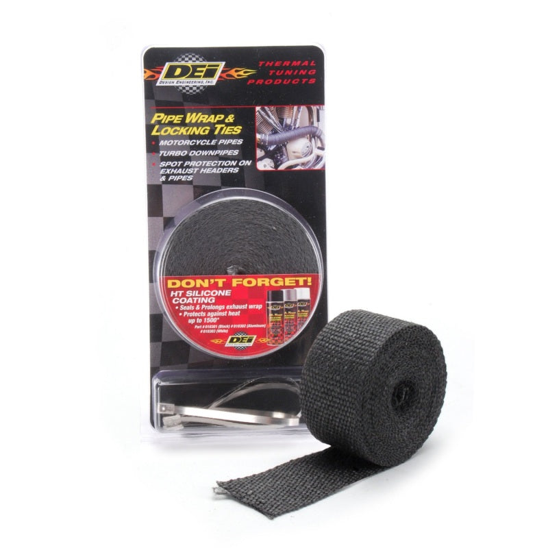 Black DEI Exhaust Wrap Kit with pipe wrap and locking tie for heat insulation and protection on automotive exhaust systems.