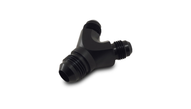 Vibrant aluminum -8AN Y-adapter fitting with three -8AN ports for automotive fluid connections, shown in close-up.