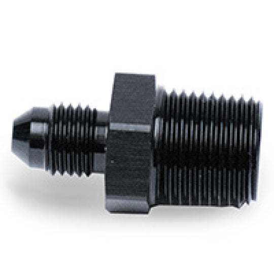 Black Snow Performance 3/8 inch NPT to 4AN straight water fitting showing threaded NPT end and smooth 4AN connector for plumbing.