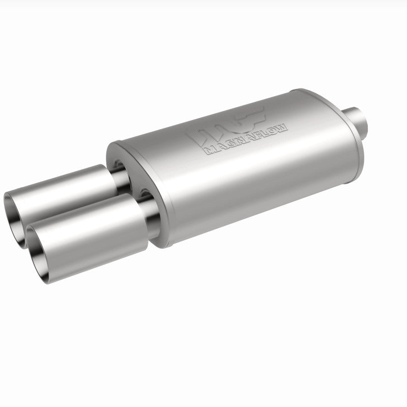 MagnaFlow muffler with polished tip, stainless steel construction, 14x5x8 inches, 2.25/3 inlet outlets, for car exhaust system.
