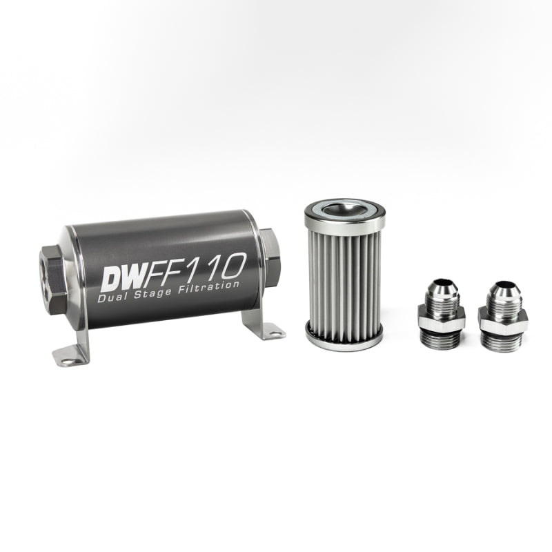 DeatschWerks stainless steel 8AN 5-micron universal inline fuel filter housing kit with compact 110mm design and durable construction.
