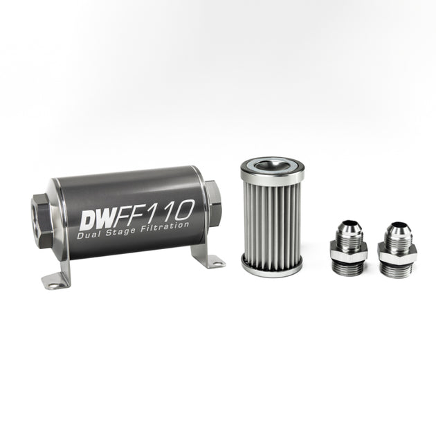 DeatschWerks stainless steel 8AN 5-micron universal inline fuel filter housing kit with compact 110mm design and durable construction.