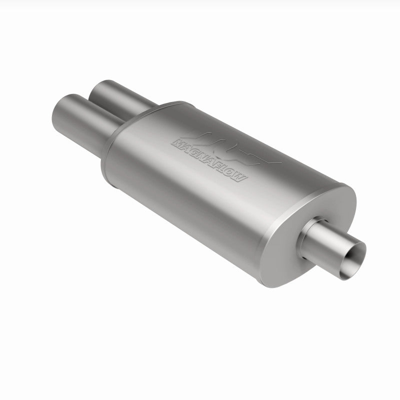 MagnaFlow stainless steel muffler with tip, 14x5x8 inches, featuring dual inlet and outlet pipes, designed for automotive exhaust systems.