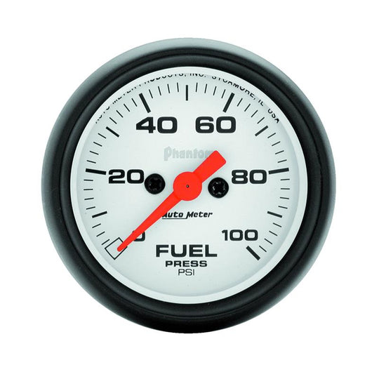 AutoMeter Phantom 52mm fuel pressure gauge displaying 0-100 PSI with a black dial and chrome bezel.