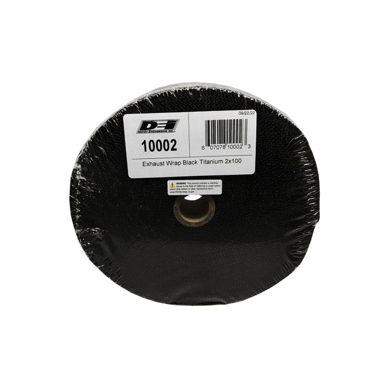 Black DEI Titanium Exhaust Wrap 2in x 100ft, durable heat-resistant wrapping for exhaust systems, shown in the image.