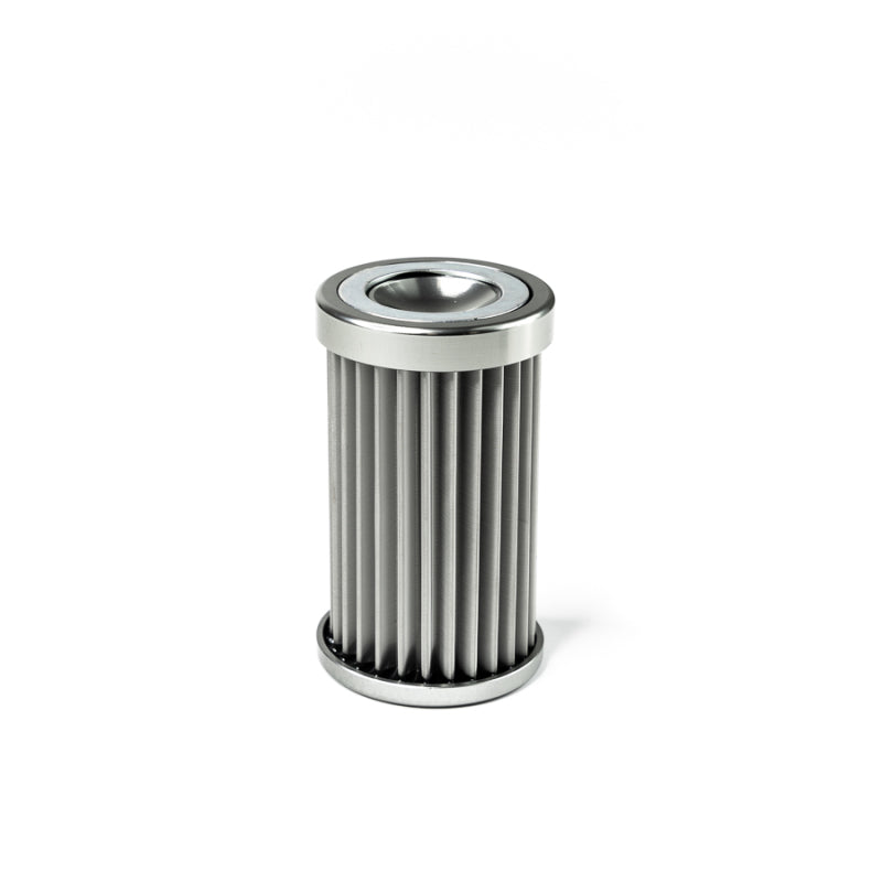 DeatschWerks stainless steel 5 micron universal fuel filter element for 110mm housings, showing the filter's mesh and compact design.