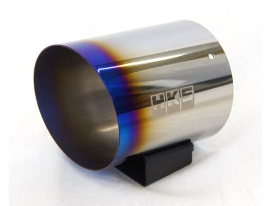 HKS Hi-Power SPEC-L catback exhaust tail tip cover with 94mm Titan tip, showing the polished metallic finish and branding details.