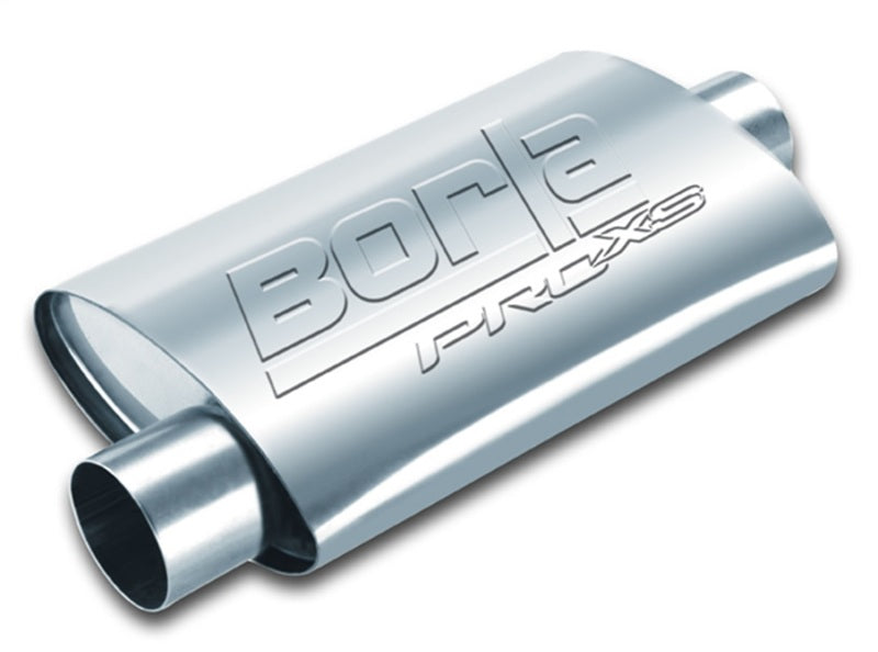 Borla 2.25-inch inlet/outlet center/offset oval ProXS muffler with polished metal finish and dual exhaust outlets.