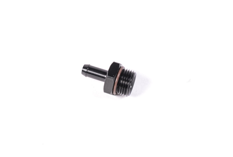 Radium Engineering 8AN ORB fitting with 5/16 inch barb connection, showcasing the metal fitting and threaded design.