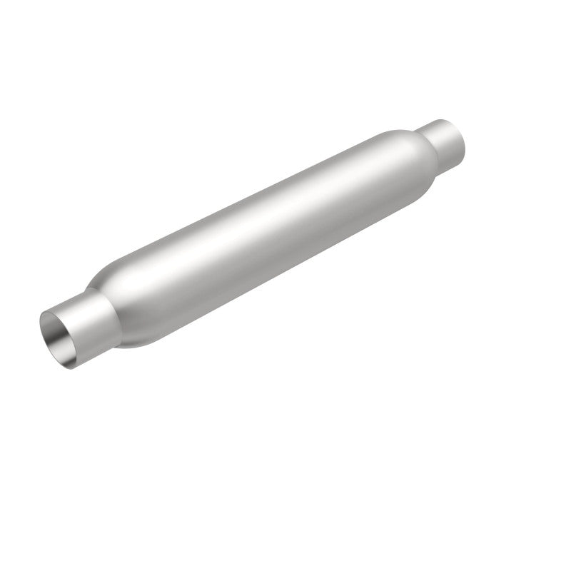 MagnaFlow muffler with 3.5-inch diameter and 18-inch length, featuring dual 2.25-inch inlet and outlet pipes, for vehicle exhaust.