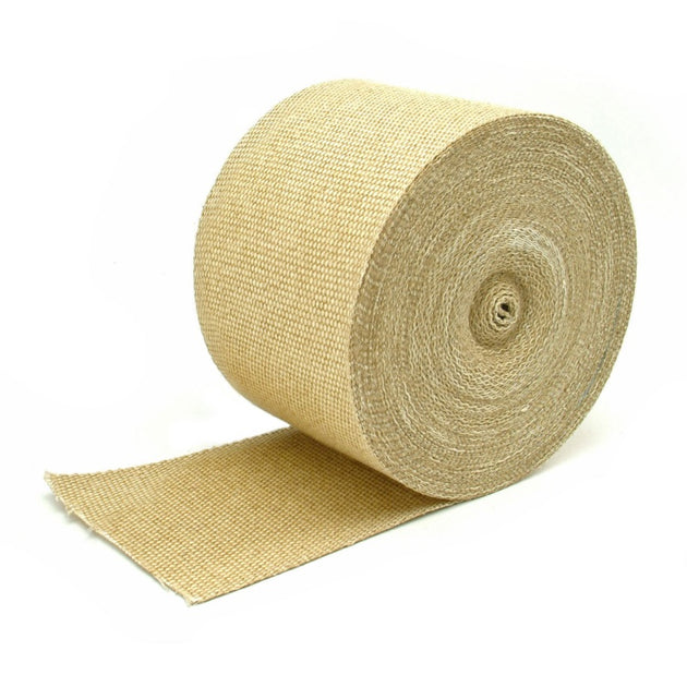 DEI exhaust wrap in tan, 8-inch by 100-foot roll, designed to insulate exhaust headers and pipes effectively.