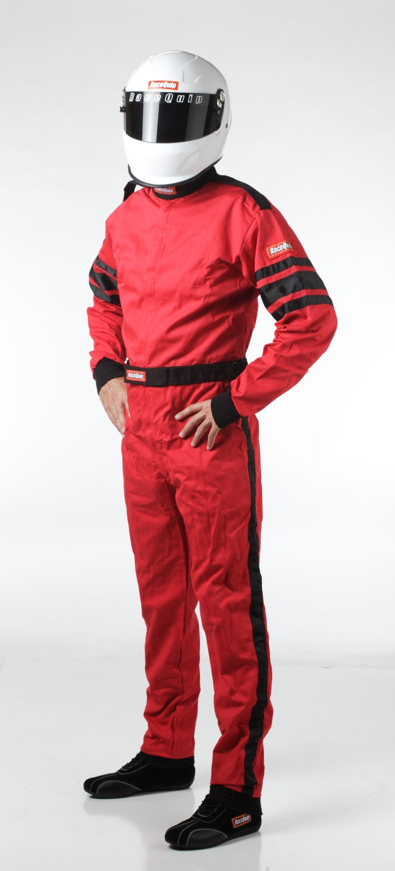 RaceQuip Red SFI-1 1-L racing suit in medium size, made of fire-resistant fabric, designed for motorsport safety.