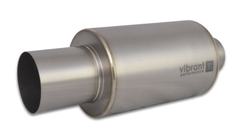 Vibrant titanium muffler with straight cut natural tip, 3.5-inch inlet and outlet, showcasing sleek metal finish and precise craftsmanship.