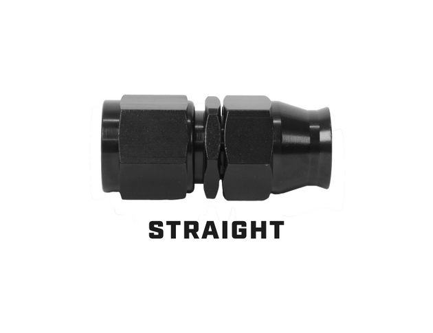 Aeromotive AN-10 straight PTFE hose end fitting in black anodized finish, suitable for high-performance fuel systems.