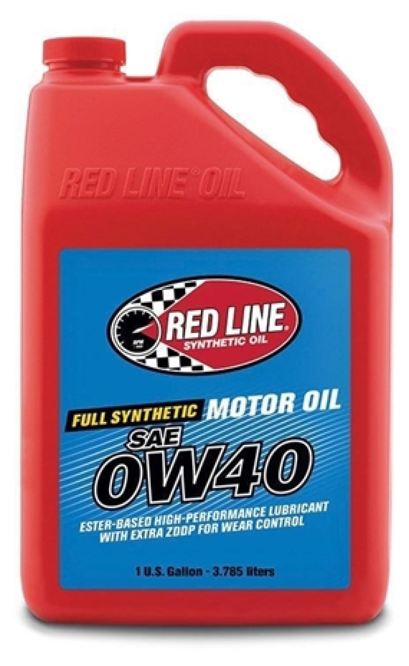 Red Line 0W40 motor oil gallon container with red and black labeling, designed for automotive engine lubrication.