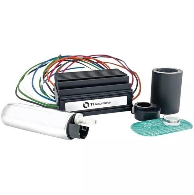 Walbro Universal 550+ LPH brushless in-tank fuel pump and controller kit, featuring compact pump and electronic control unit.
