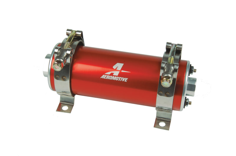 Aeromotive 700 HP EFI fuel pump in red, high-performance automotive fuel pump for fuel delivery and engine efficiency.
