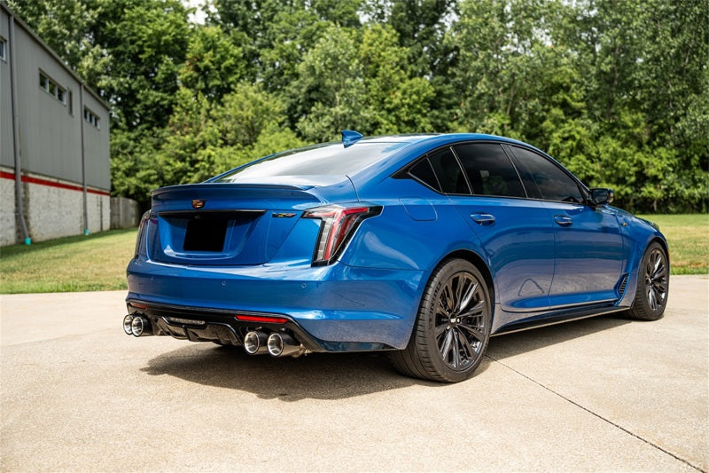CORSA Performance Cadillac CT5 V Blackwing 2022-25 catback exhaust with dual X-pipe, twin 4.5-inch carbon fiber tips, and active exhaust