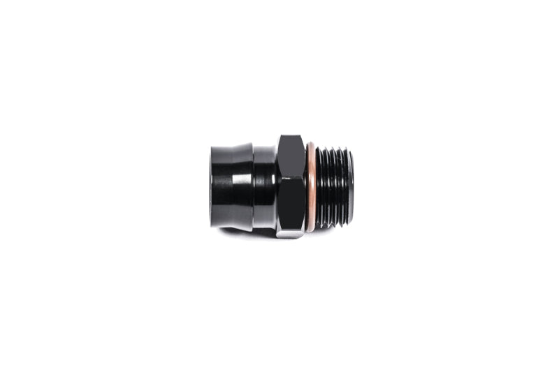 Radium Engineering V2 quick connect fitting, 12mm female to 8AN ORB male, shown connected with metal fittings on a workspace.