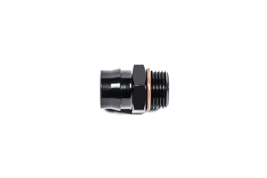 Radium Engineering V2 quick connect fitting, 12mm female to 8AN ORB male, shown connected with metal fittings on a workspace.