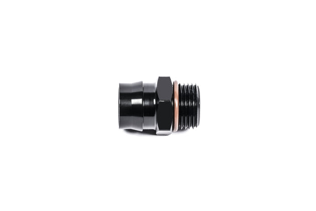 Radium Engineering V2 quick connect fitting, 12mm female to 8AN ORB male, shown connected with metal fittings on a workspace.