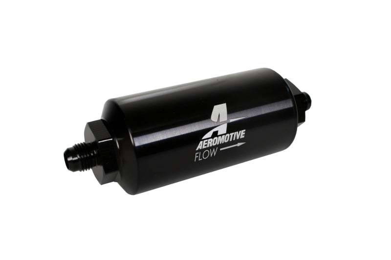 Aeromotive in-line fuel filter with black finish, AN-6 male fittings, 10 micron microglass element for fuel filtration.