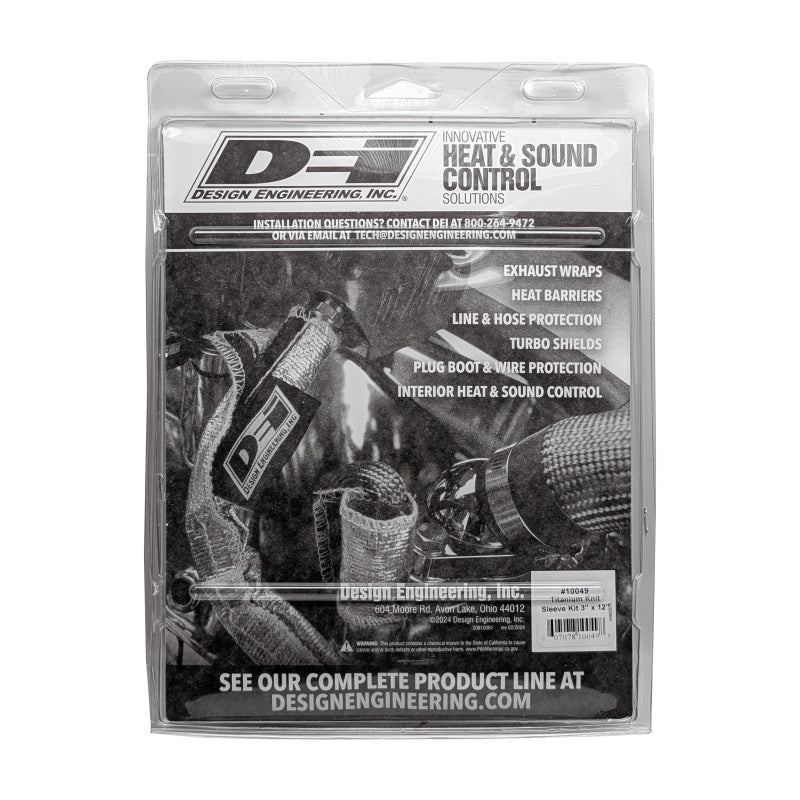 DEI Titanium Exhaust Wrap 2.5 to 3-inch x 12ft, heat-resistant wrap for exhaust systems, shown in a close-up view.