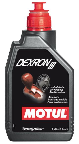 Motul 1L Transmission DEXRON III Technosynthese gear oil bottle for automatic transmissions, with label and cap visible.