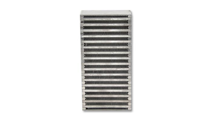 Vibrant intercooler core with 6-inch height, 11.8-inch width, and 3-inch depth, featuring a vibrant aluminum cooling fin design.