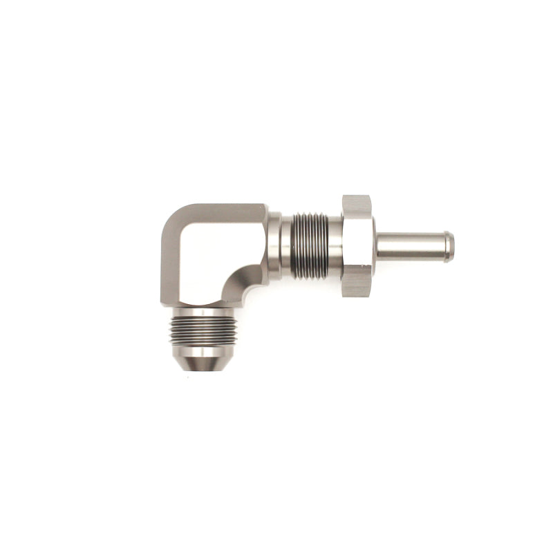 DeatschWerks 8AN male flare to 5/16 inch male barb bulkhead adapter with 90-degree angle and included nut for fuel or fluid systems