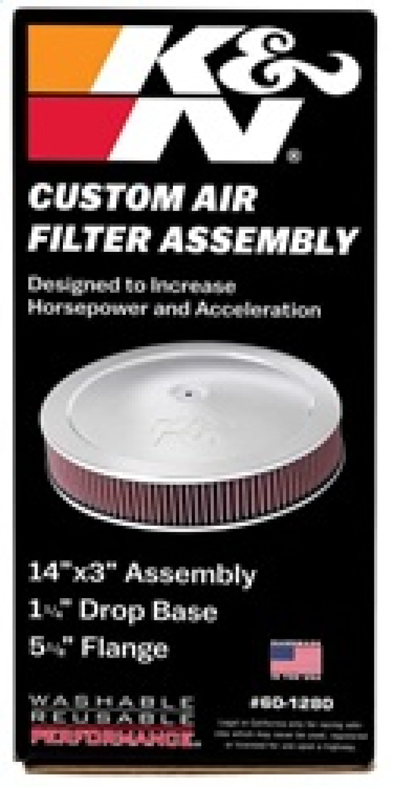 K&N 14-inch red custom air cleaner assembly for cars, featuring a 5.125-inch ID, 14-inch OD, and drop base for direct fit air filter.