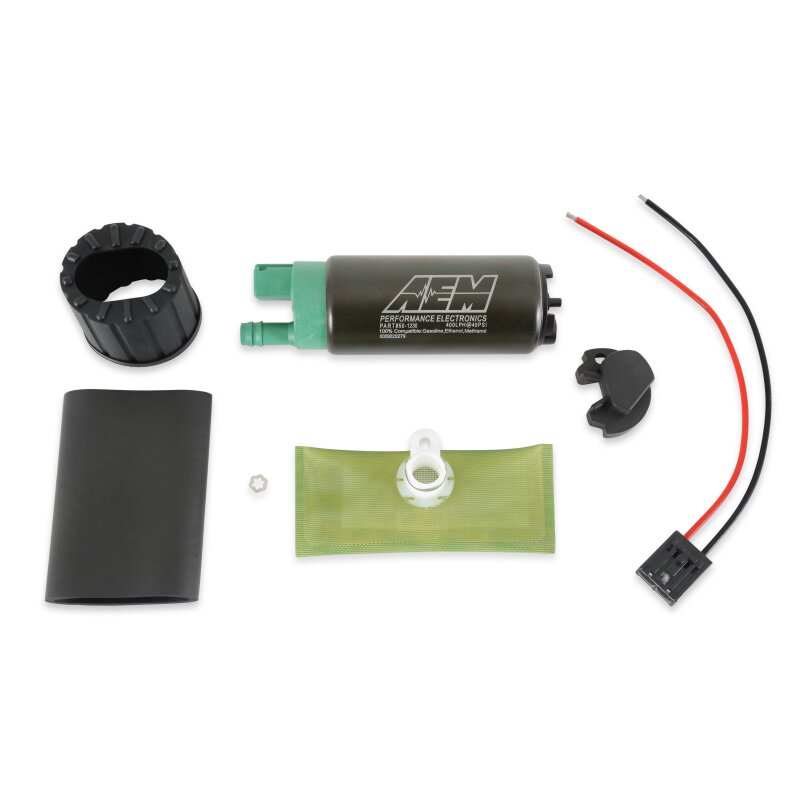 AEM 400 LPH high flow in-tank fuel pump kit with double barb fittings, ethanol compatible, shown installed in a vehicle tank
