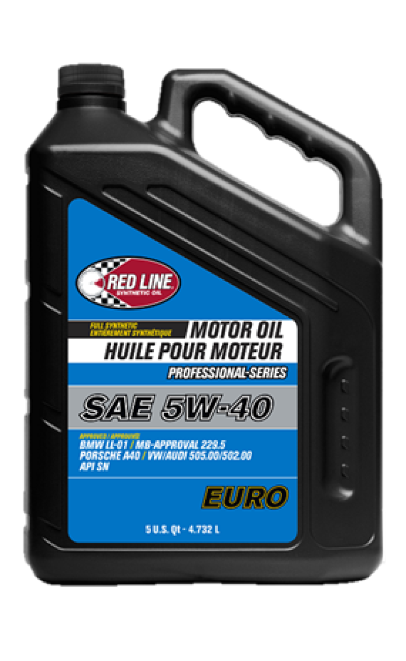 Red Line Pro-Series Euro 5W40 motor oil in a 5-quart container, designed for high-performance vehicle engine lubrication.