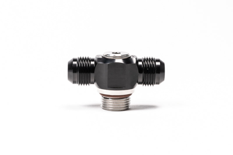 Radium Engineering 10AN ORB Swivel Banjo fitting connected to dual 10AN male fittings on an automotive fluid system.