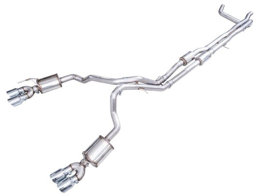 AWE Tuning Catback exhaust system with quad chrome silver tips for Chevy Suburban and GM Yukon XL 6.2L 2021+ models.