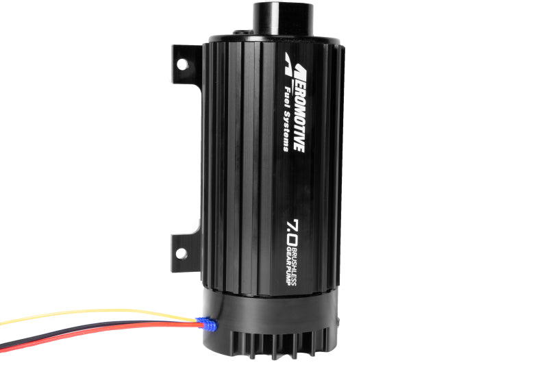 Aeromotive TVS In-Line Brushless Spur 7.0 external fuel pump with metallic body and inlet/outlet ports, designed for high-performance fuel delivery.