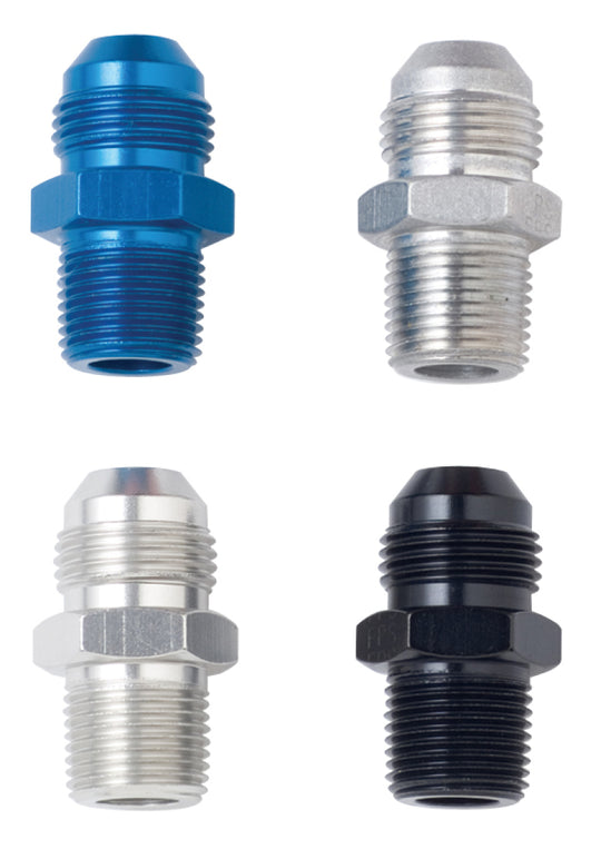 Fragola black 6AN to 1/4 NPT straight adapter fitting, showing the durable metal construction and threaded ends.