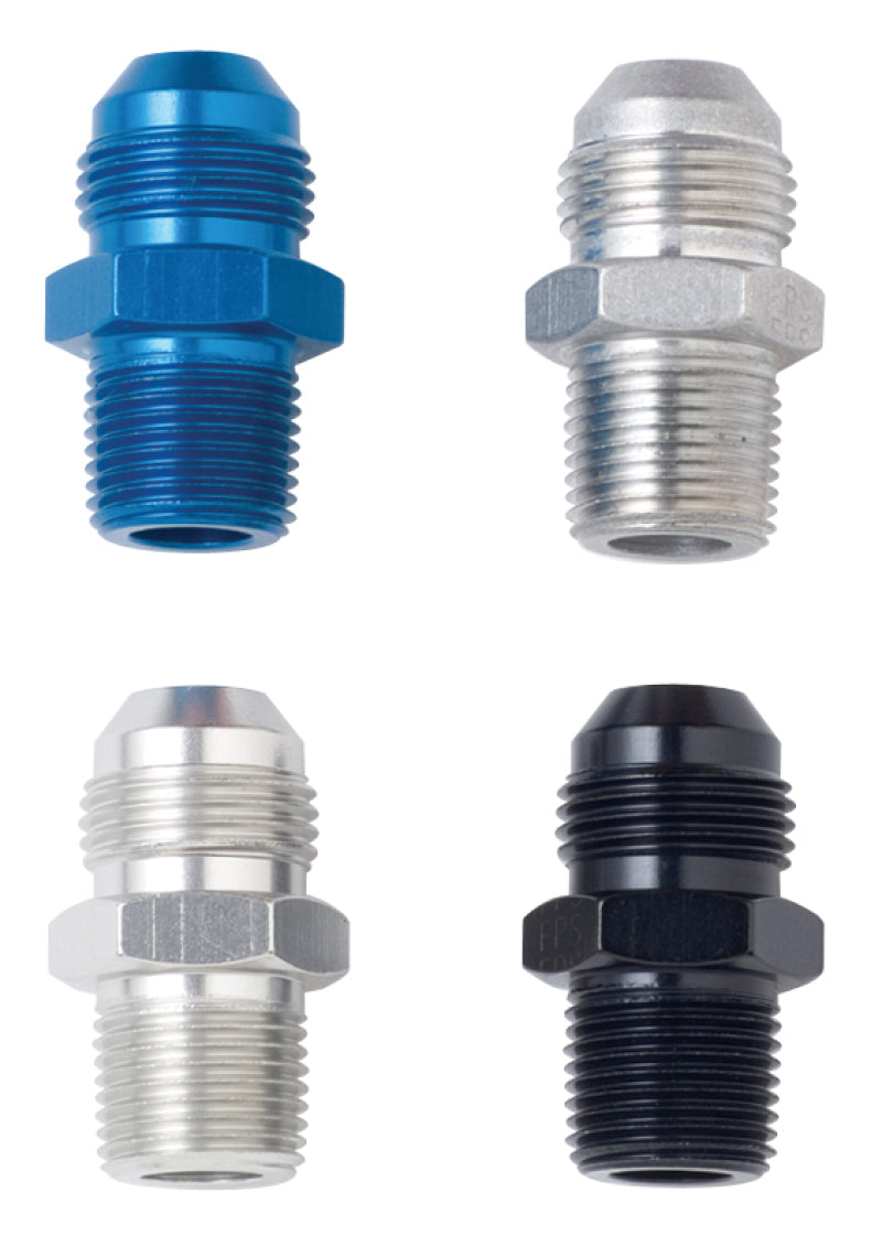 Fragola black straight fitting adapter with -10AN to 1/2 NPT connection for automotive or fluid system applications