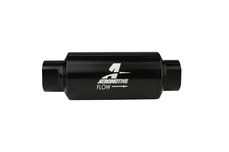 Aeromotive AN-10 in-line fuel filter in black with 100-micron filtration, designed for automotive fuel systems.