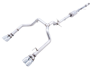 AWE Tuning 4th Gen GM 1500 5.3L catback exhaust with split rear exit and quad chrome tips, showing polished stainless steel finish.